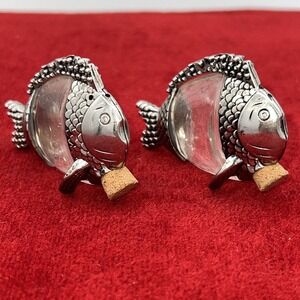 VINTAGE FISH SALT/PEPPER HOLDERS WITH CORK Pewter/Glass